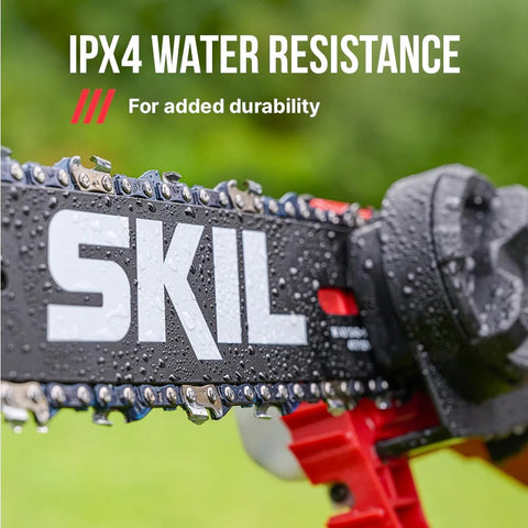 SKIL PWR CORE 40 tool-less chain tensioning for quick setup.