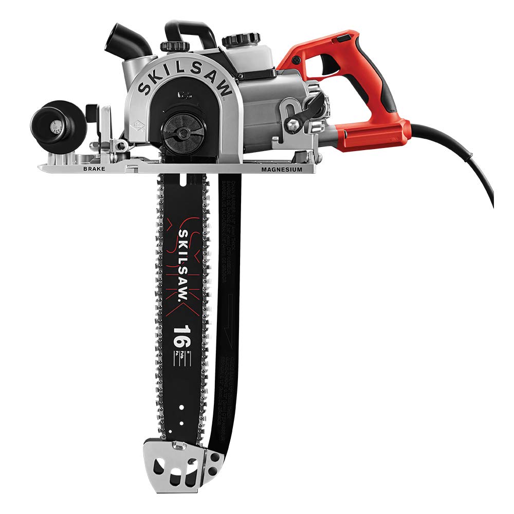 SKIL SPT55-11 16in worm drive front view shows lightweight magnesium housing for easier handling