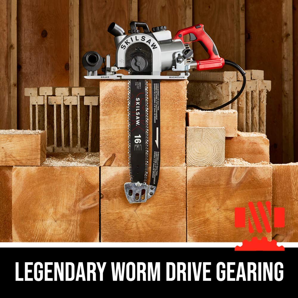 SKIL SPT55-11 16in worm drive side view highlights rugged build for tough carpentry tasks