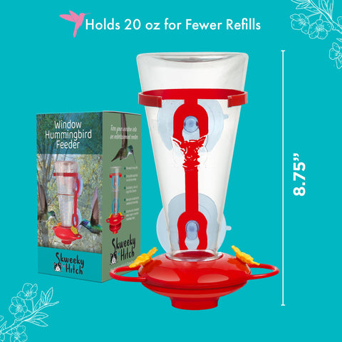 Feeder dimensions 8.5 by 5.5 inches for compact outdoor display.