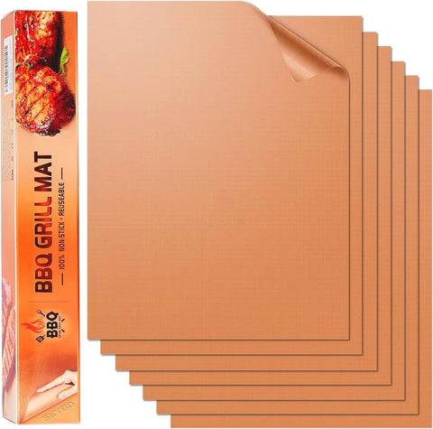 SKYBD copper grill mats on a grill, six-pack, for even searing and easy cleanup