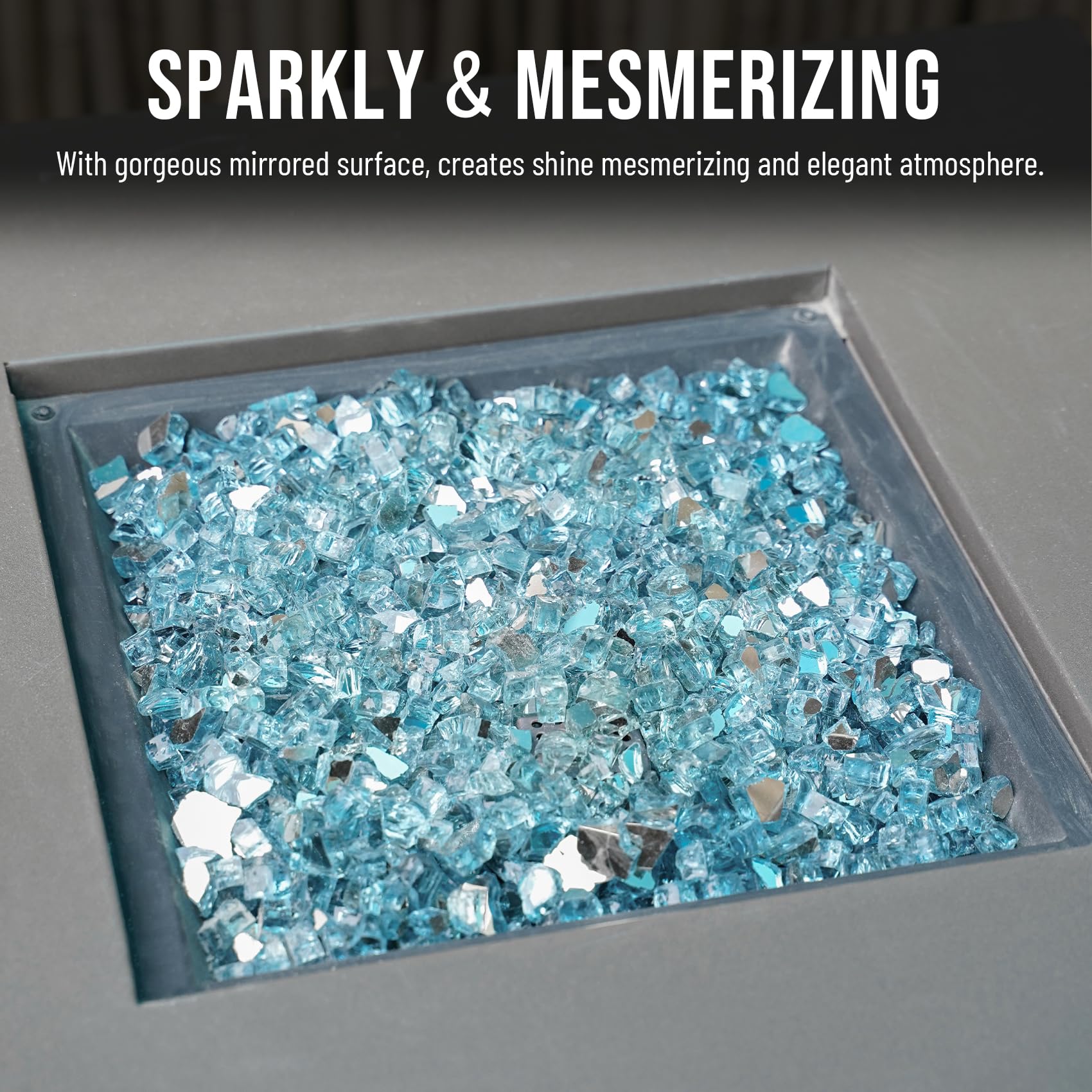 Skyflame Aqua Blue Fire Glass half-inch bag storage keeps stones pristine.