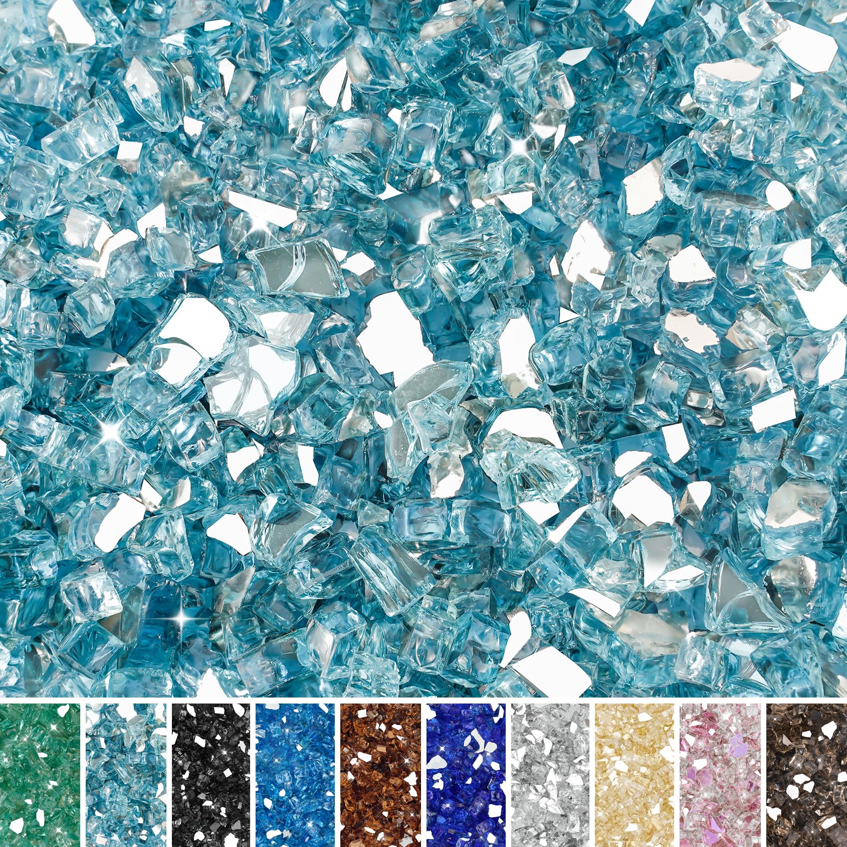 Skyflame Aqua Blue Fire Glass half-inch bag view enhances fireplace ambiance.