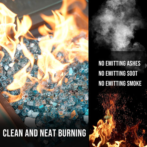 Skyflame Aqua Blue Fire Glass half-inch in fire pit reflects vivid color.