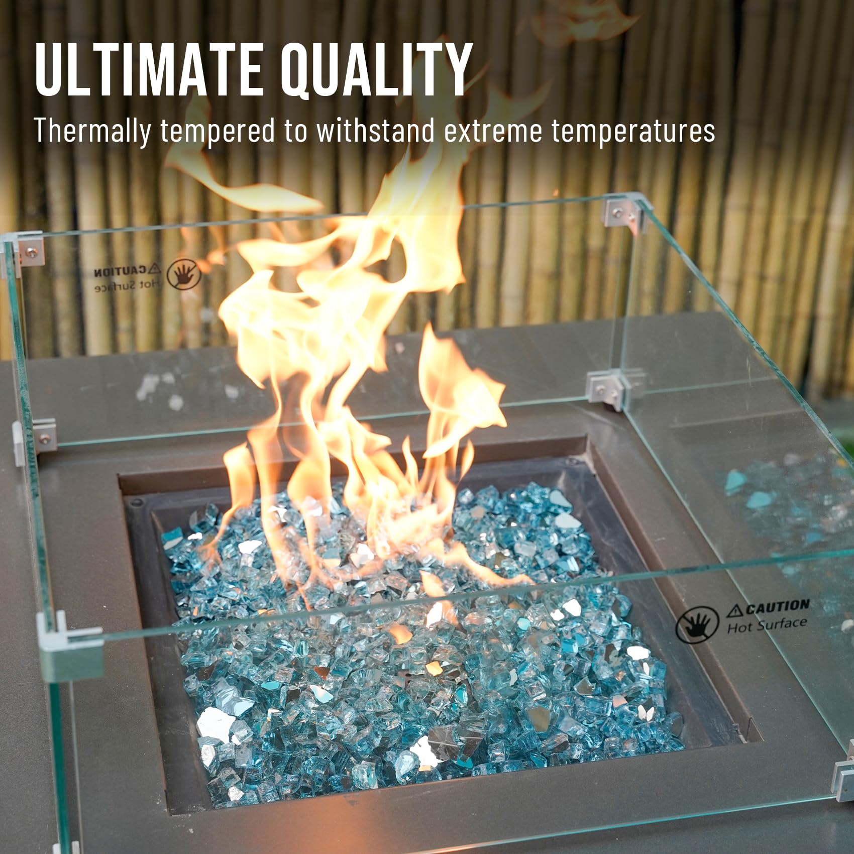 Skyflame Aqua Blue Fire Glass half-inch landscaping setup adds sparkle.