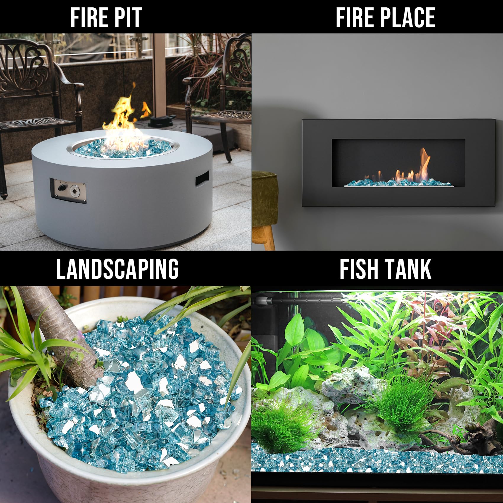 Skyflame Aqua Blue Fire Glass half-inch reflection sparkling under flames.