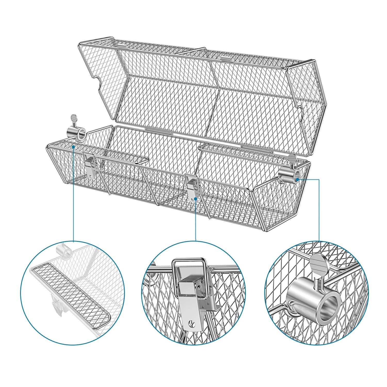 Skyflame basket lock-design demonstrates secure buckles to keep food in place.
