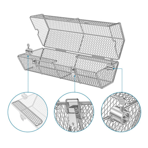 Skyflame basket lock-design demonstrates secure buckles to keep food in place.
