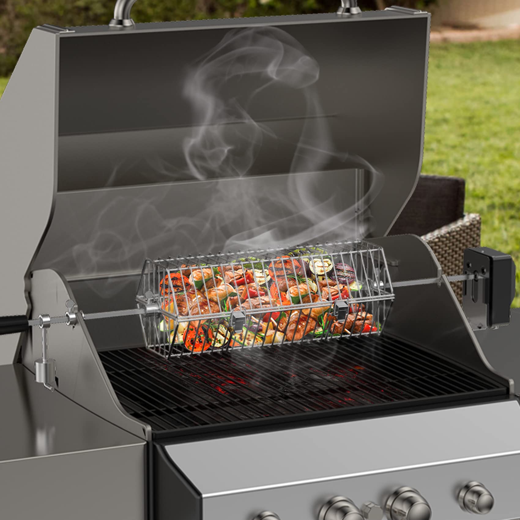 Skyflame basket on-grill demonstrates compatibility with gas, charcoal, and kamado grills.