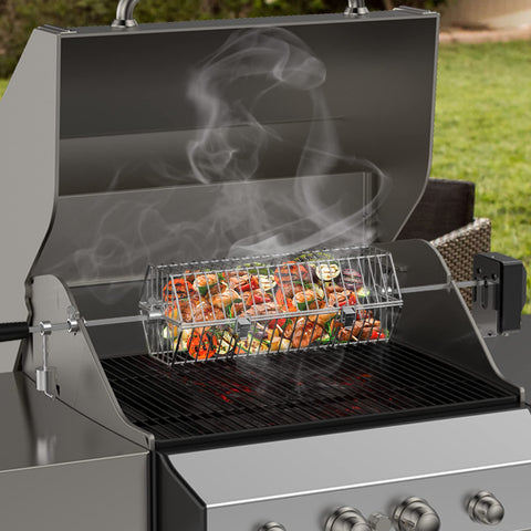 Skyflame basket on-grill demonstrates compatibility with gas, charcoal, and kamado grills.