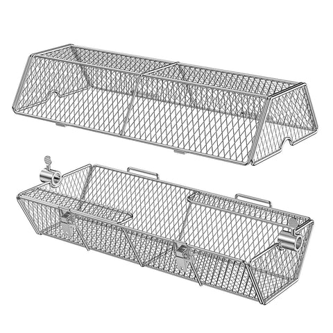 Skyflame basket through-spit-rod shows easy clamping with thumbscrew for quick setup.