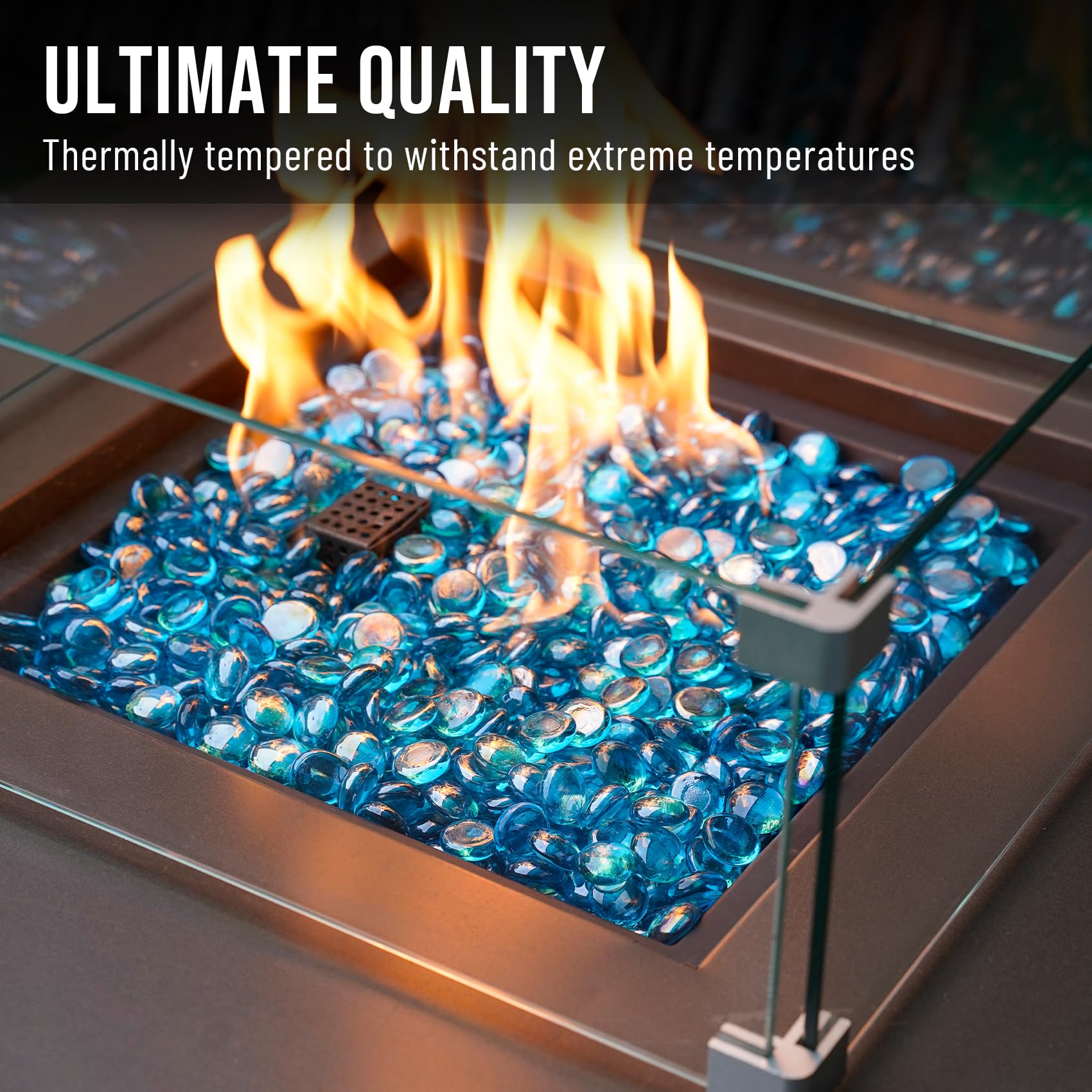Skyflame Caribbean Blue beads decorate outdoor spaces with a sparkling heat-resistant finish
