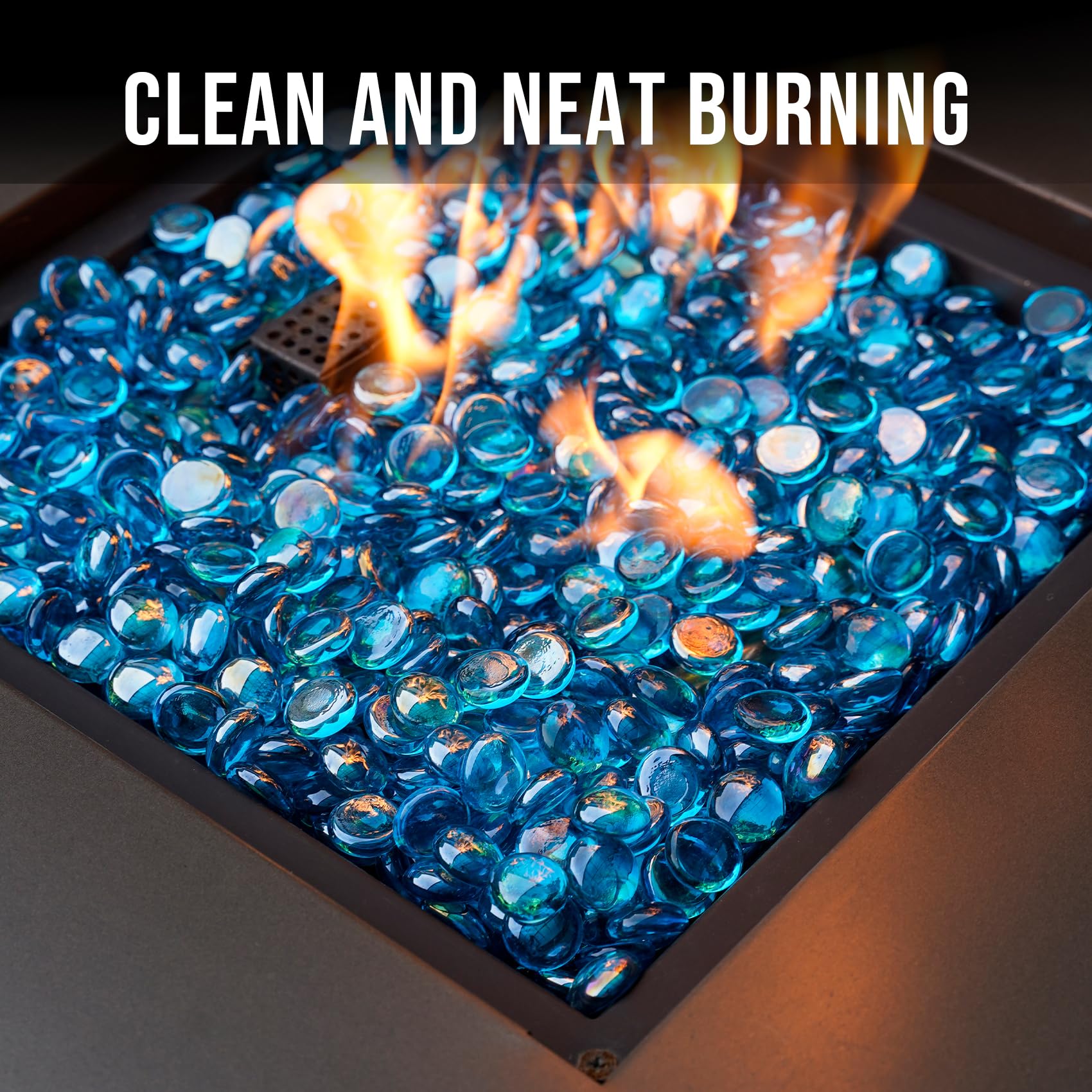 Skyflame Caribbean Blue fire glass beads lit display emphasizing warmth and ambient glow