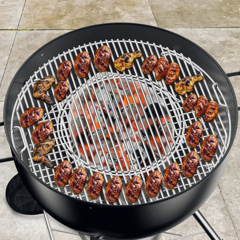 Skyflame center arrangement delivers high heat for searing with direct heat.