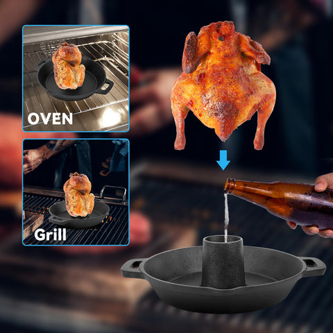 Skyflame Charkettle roasting pan with vegetables catching drippings for richer sides.