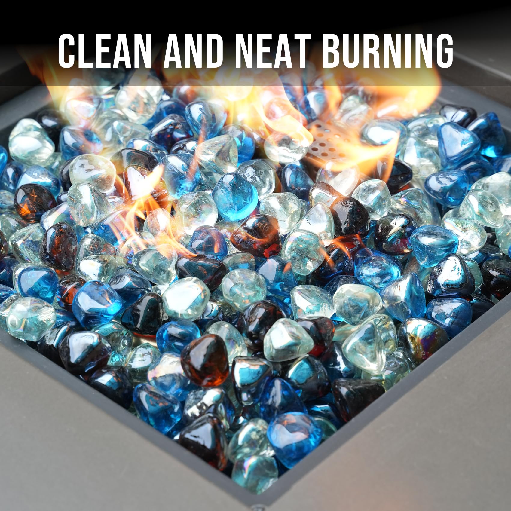 Skyflame Amber Luster half-inch glass diamonds emit warm glow.