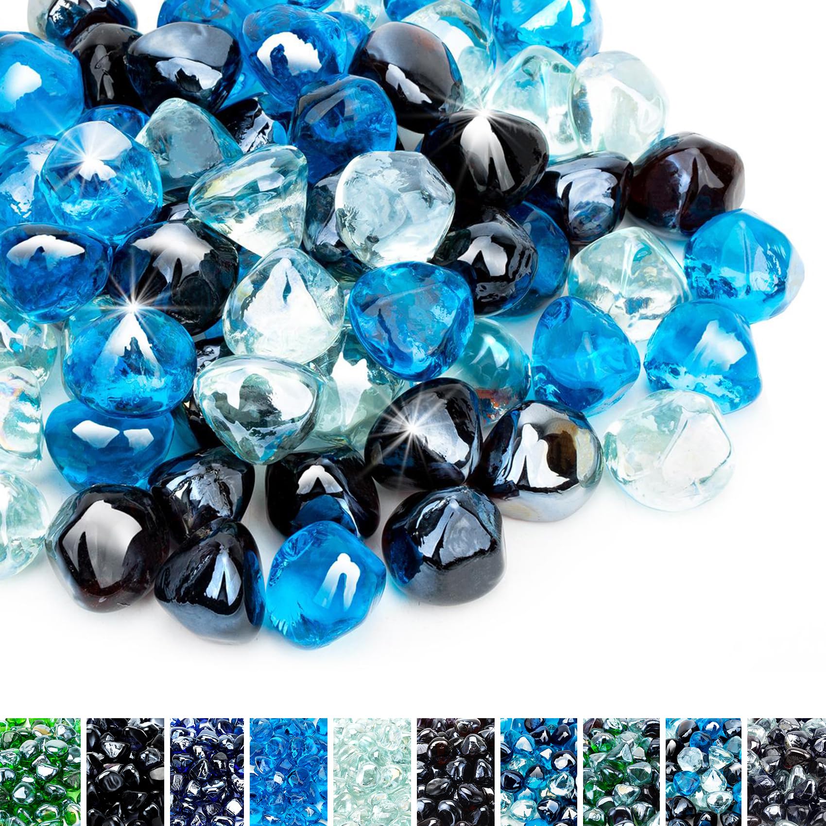 Skyflame Caribbean Blue half-inch fire glass diamonds add bold outdoor glow.