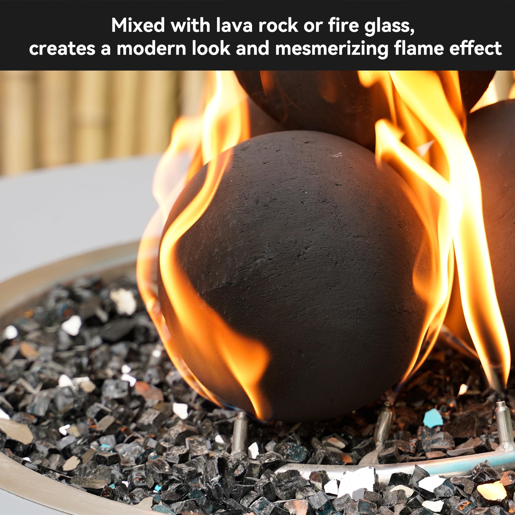 Skyflame fire pit balls shown with glass lava rocks for modern look.