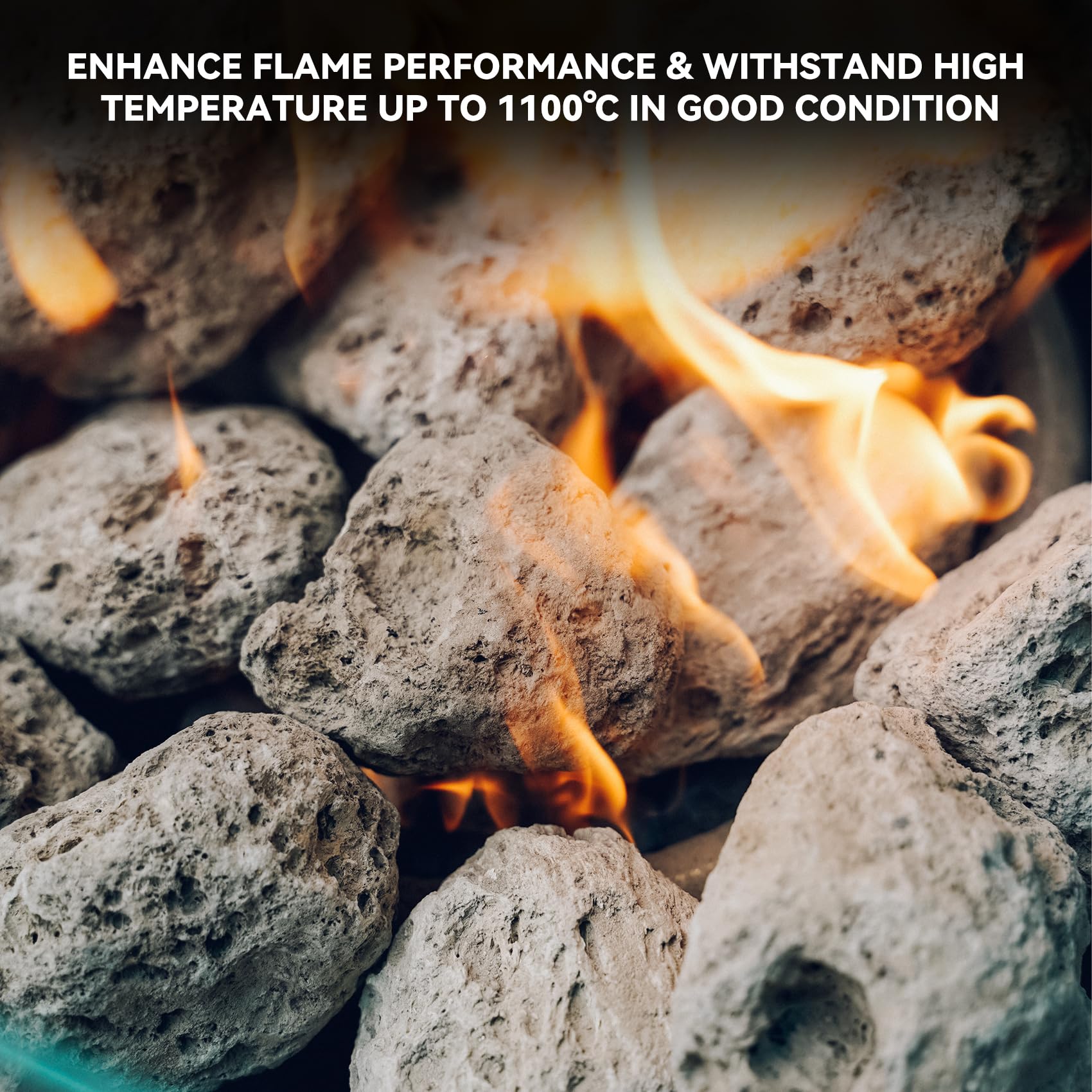 Skyflame lava rock base under fire glass, enhances flame distribution.
