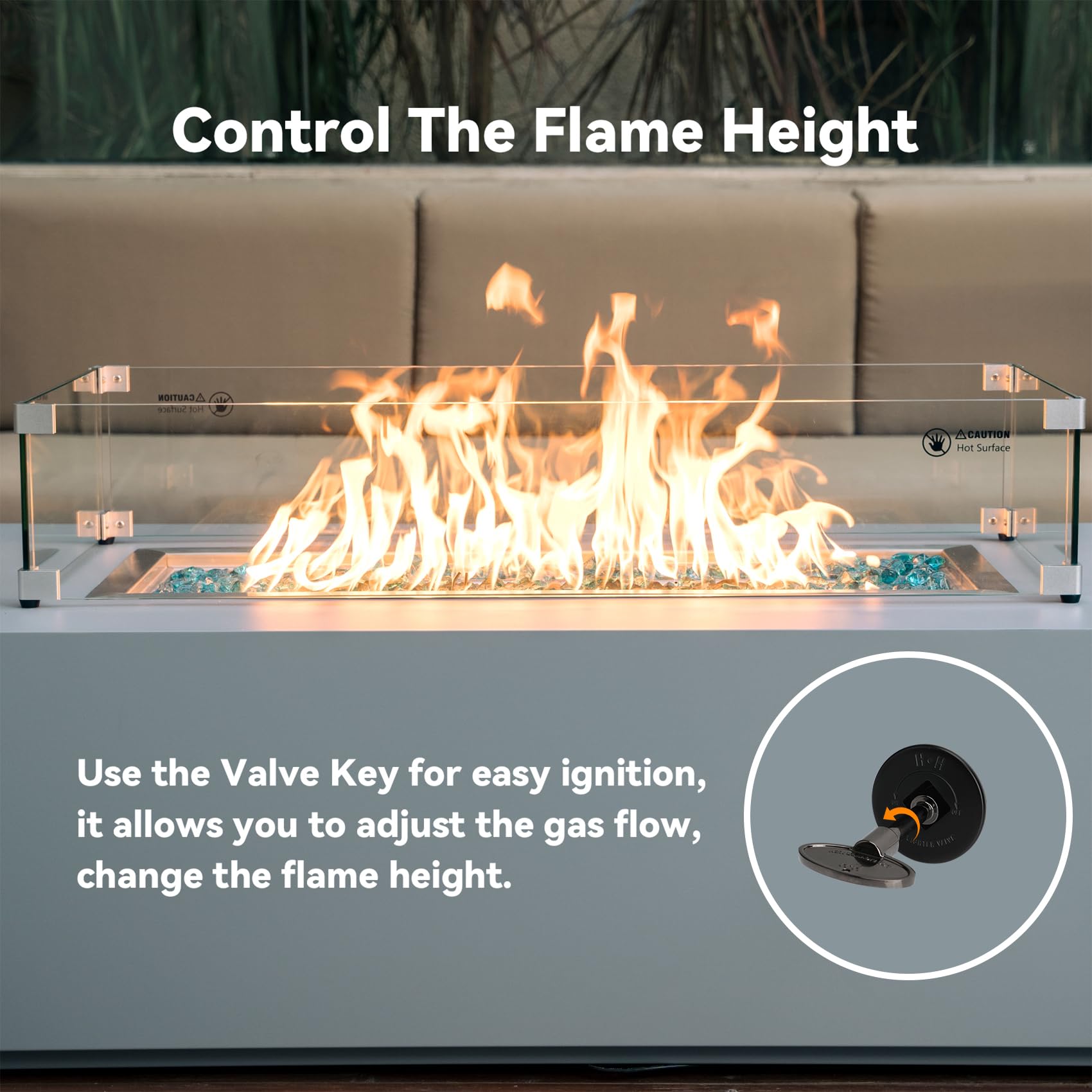 Skyflame brass quarter-turn valve detail emphasizes precise on/off control