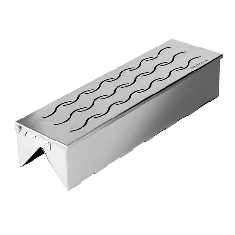 Skyflame smoker box on a grill with hinged lid for easy refills during cooking.