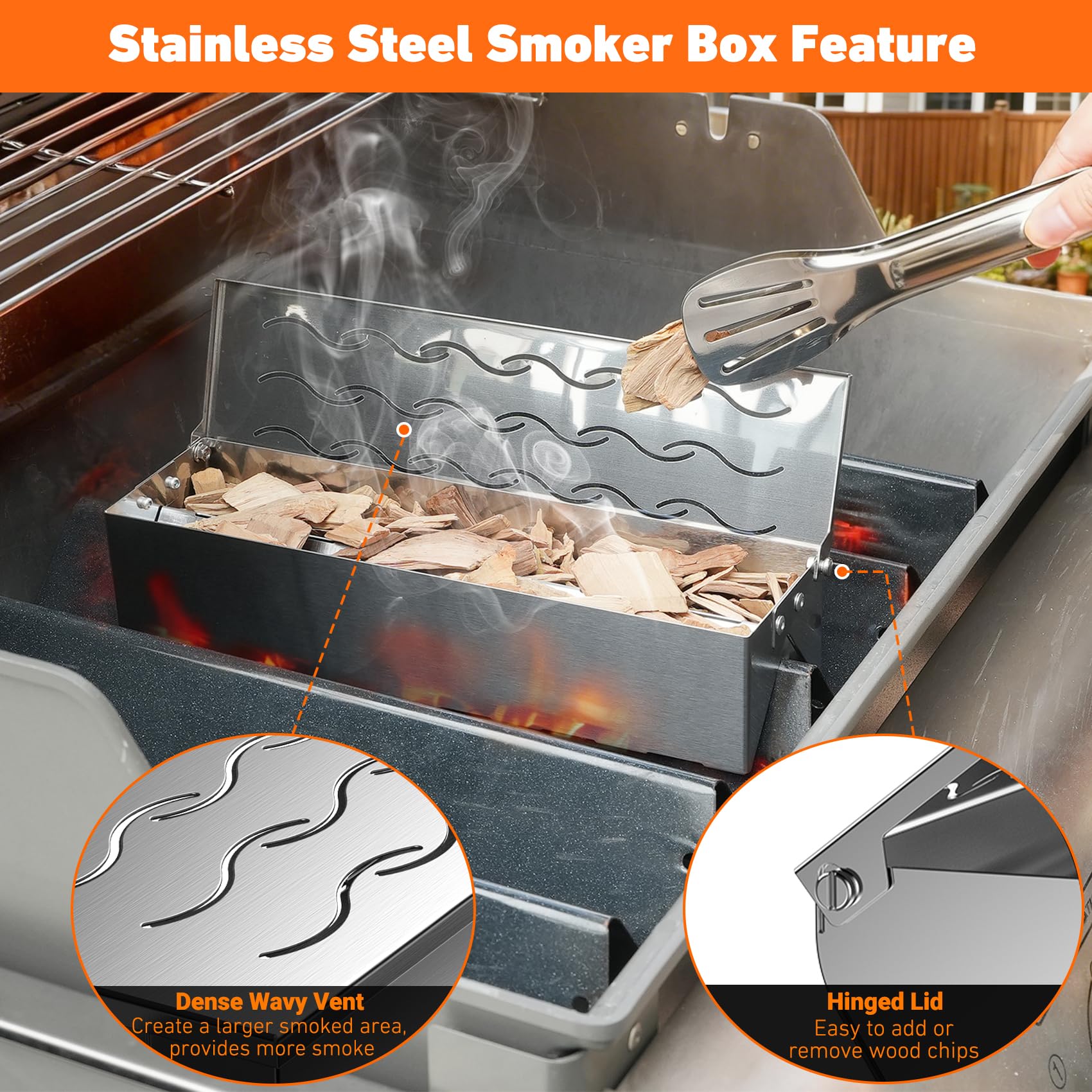 Skyflame smoker box filled with apple, hickory, or mesquite for customizable flavor.