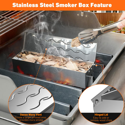 Skyflame smoker box filled with apple, hickory, or mesquite for customizable flavor.