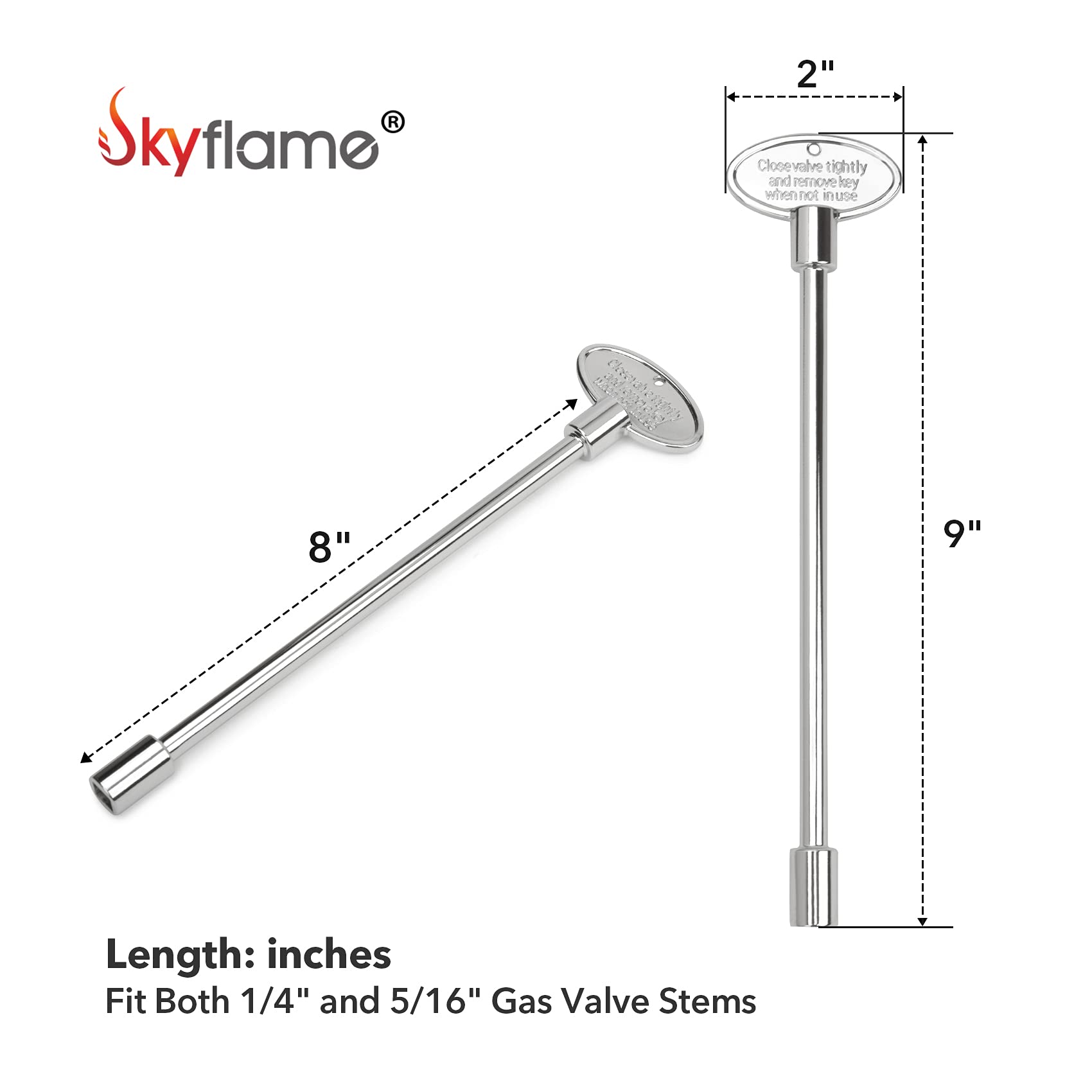 Skyflame gas valve key with oval end for precise access.