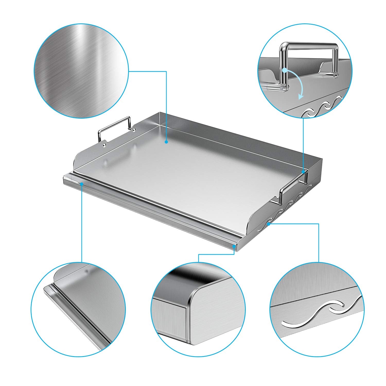 Skyflame griddle with grease-well helps manage drippings and flare-ups