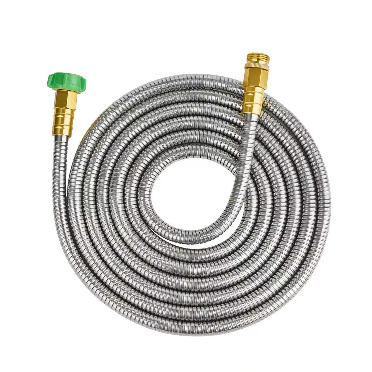 Skyward 15ft coil shows durable 304 stainless steel for rust-resistant outdoor watering.