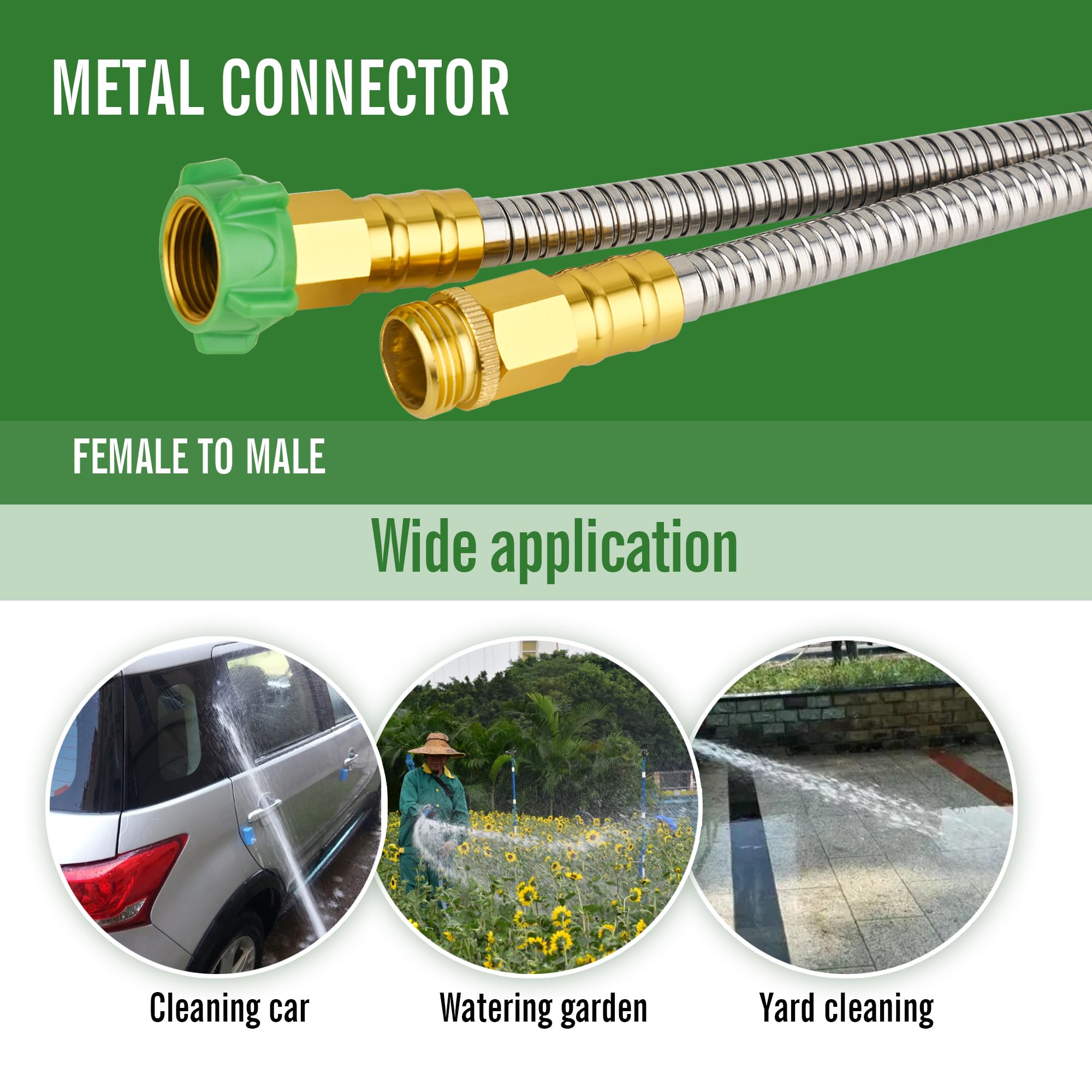 Skyward stainless hose maintains water flow with kink-free performance.