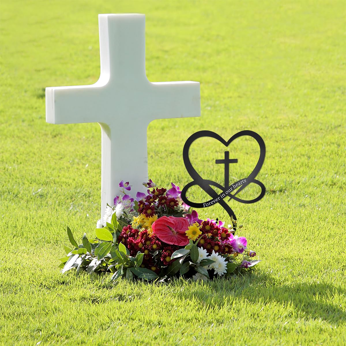 Slagindeco metal cross and heart silhouette adds elegant garden remembrance.