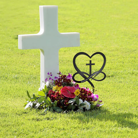 Slagindeco metal cross and heart silhouette adds elegant garden remembrance.
