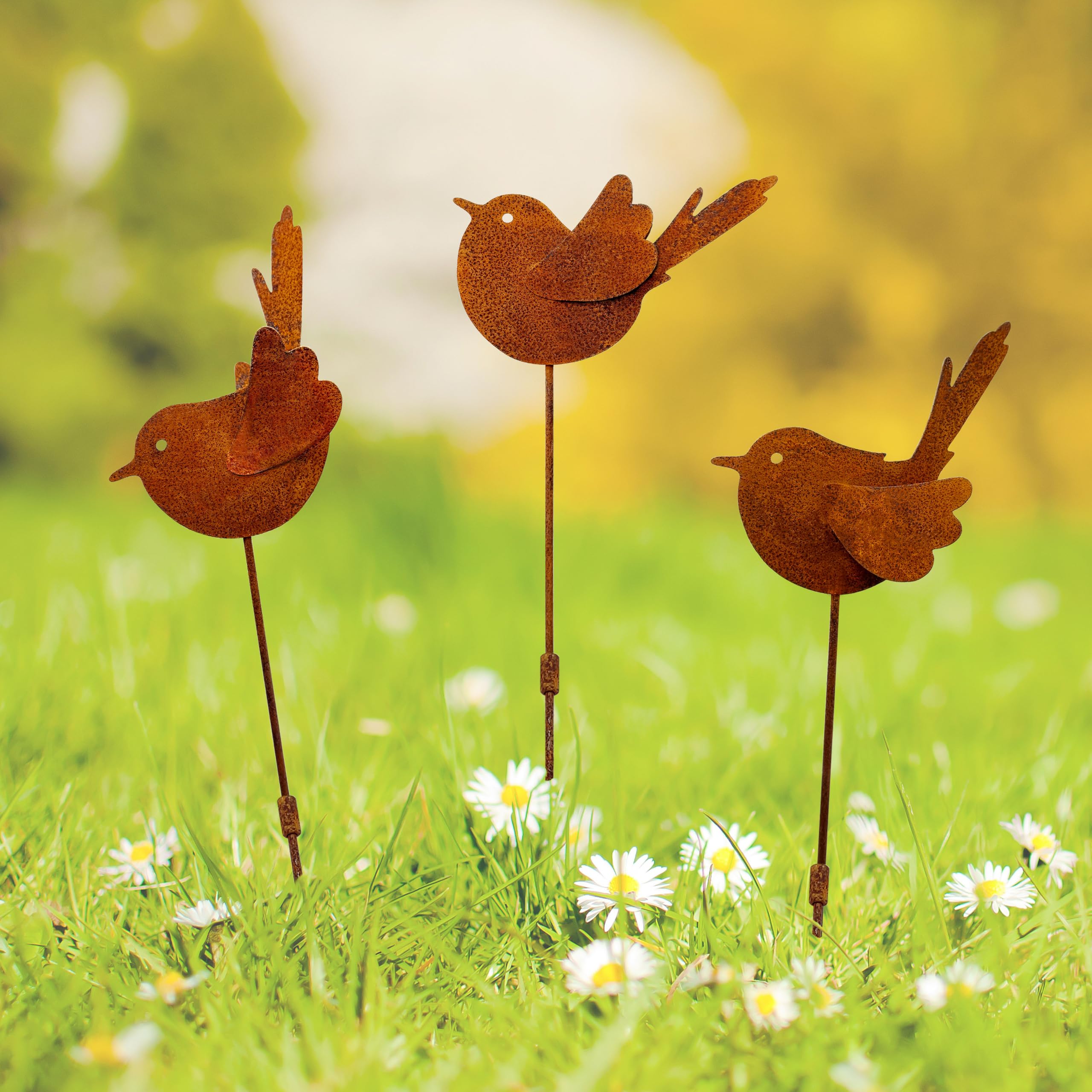 Slagindeco rusty metal bird stake set adds garden charm with three lifelike birds.