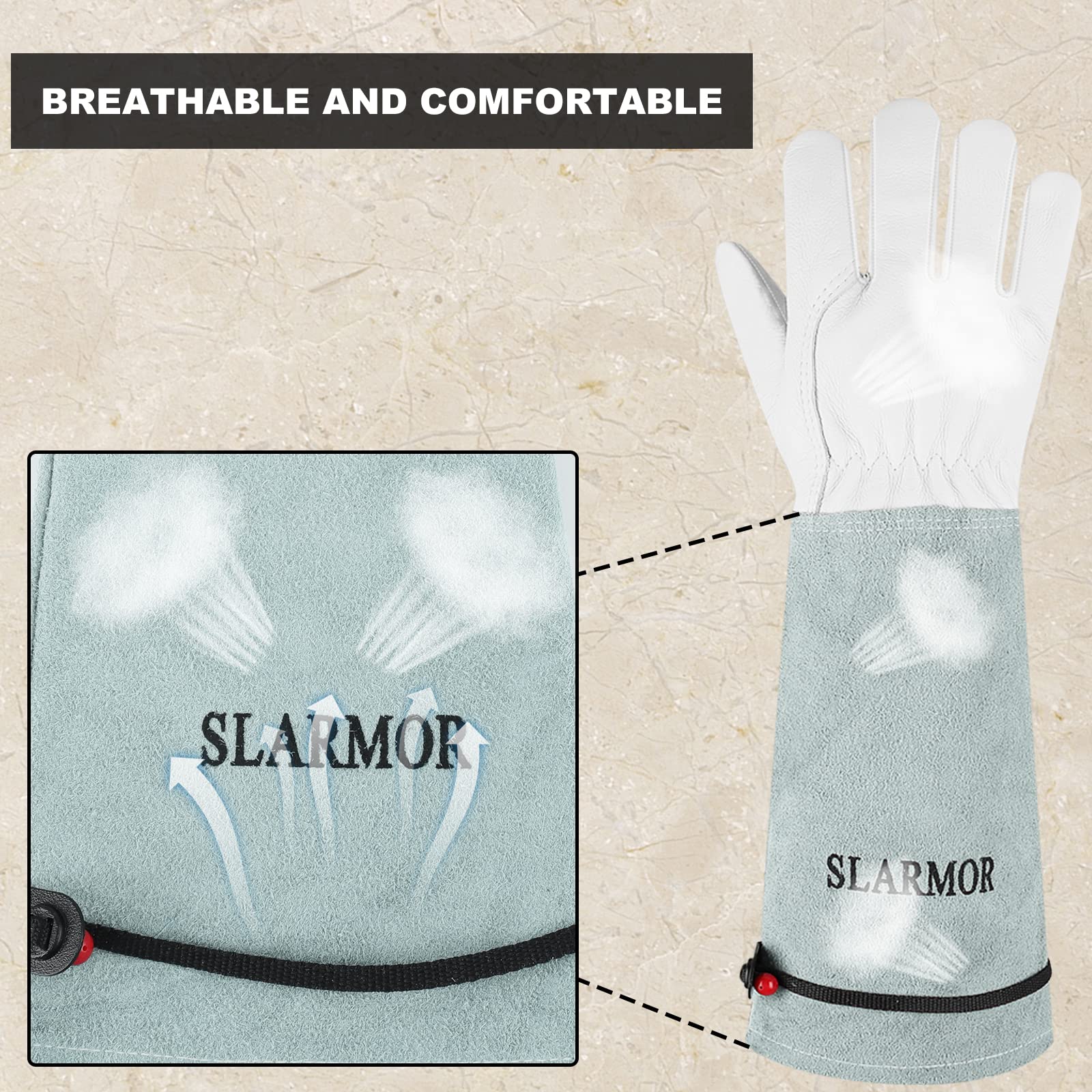 SLARMOR extended cuff shields forearms from scratches during thorny tasks.