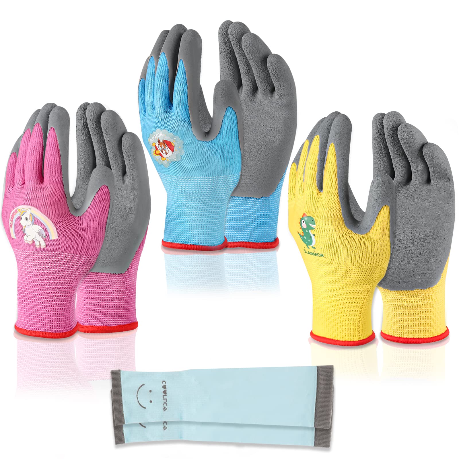 SLARMOR kids gardening gloves in bright pink with a comfortable palm grip.