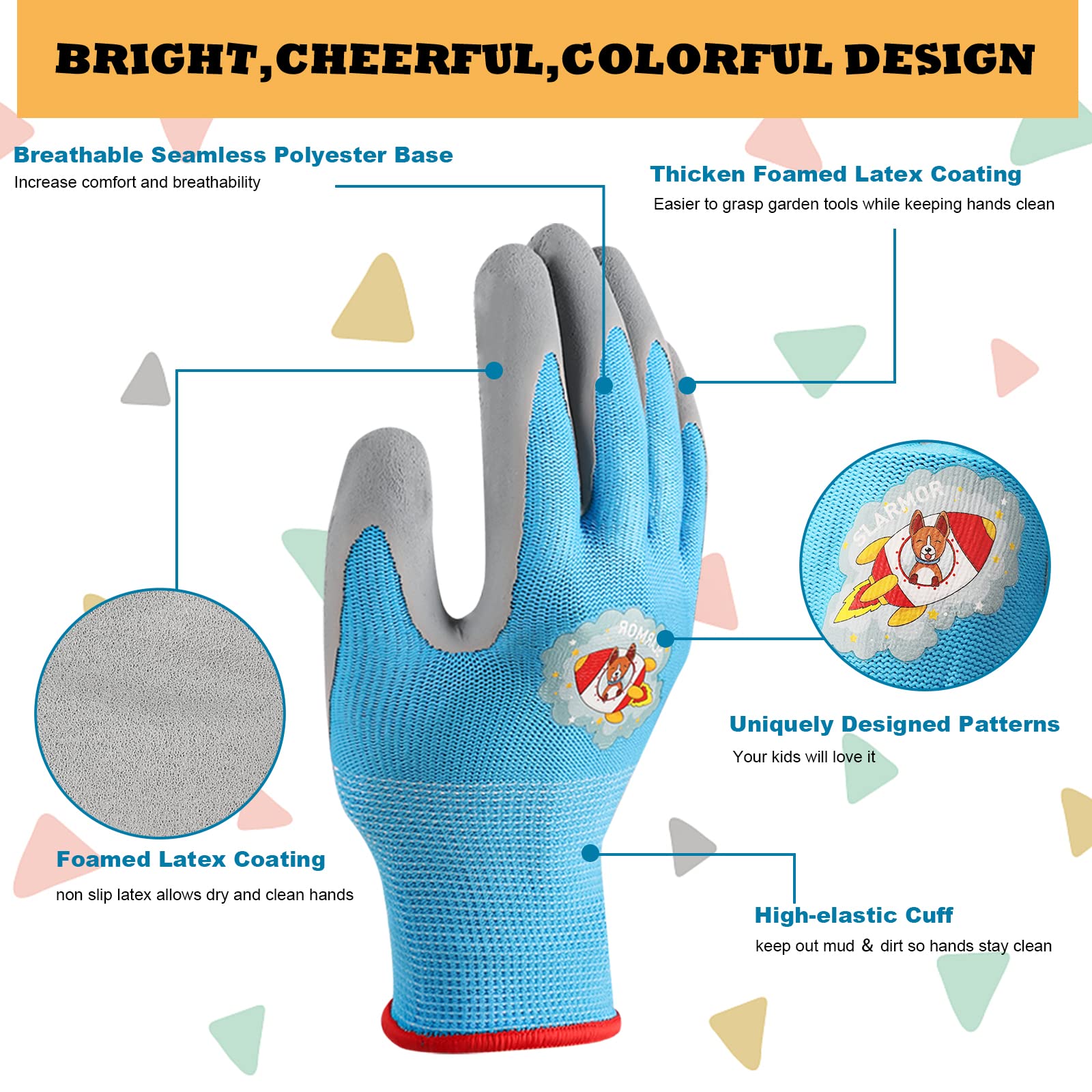 SLARMOR kids gardening gloves in ocean blue providing a secure grip for planting.