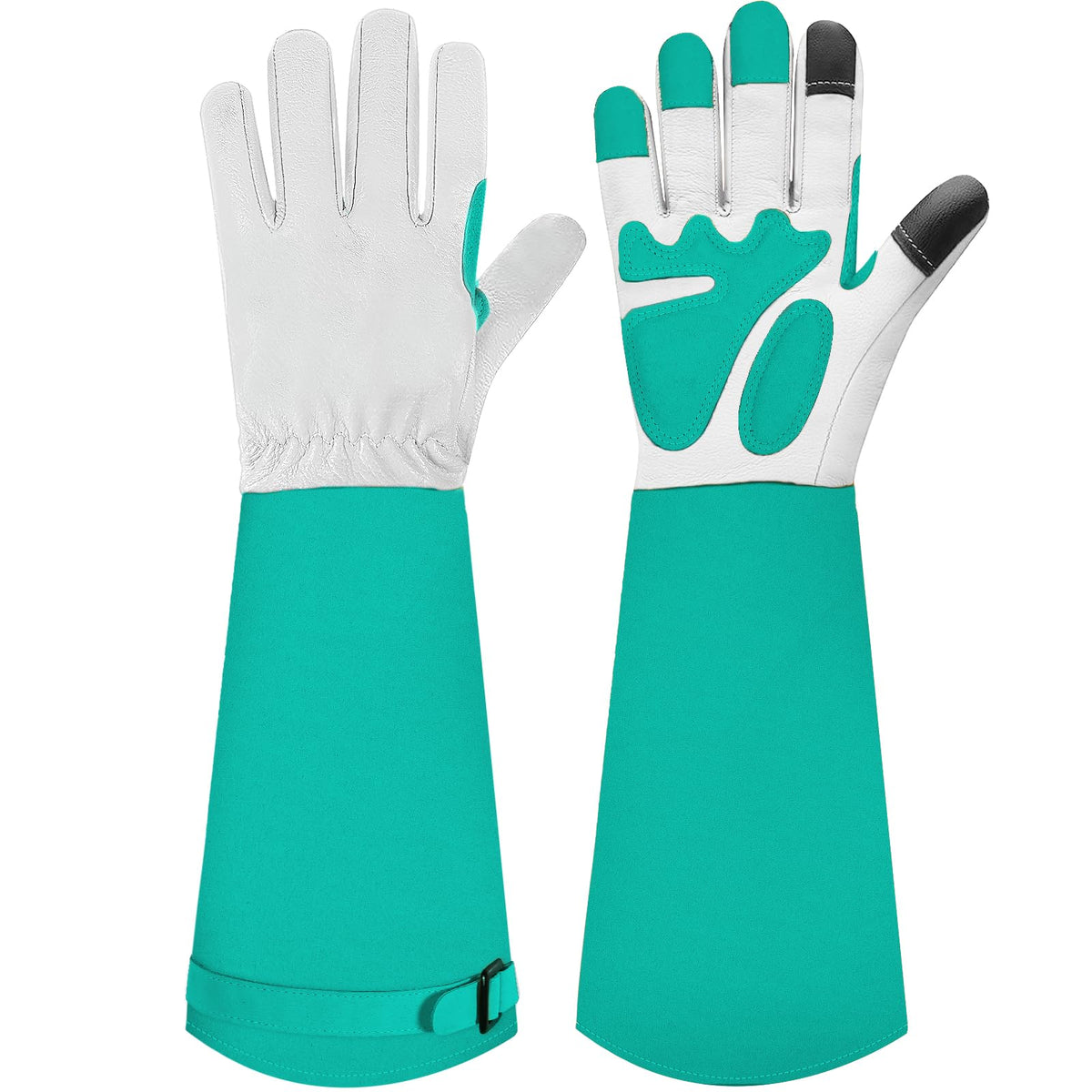 SLARMOR long gardening gloves with elbow-gauntlet protect forearms while pruning roses.