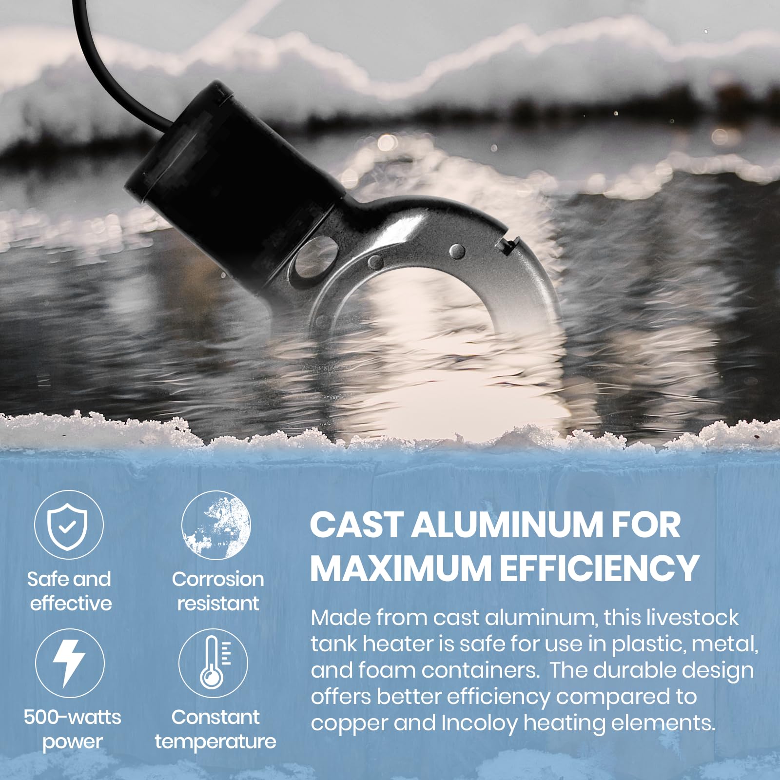 Submerged Slashcool heater in a 5–50 gallon tank ensuring consistent water access