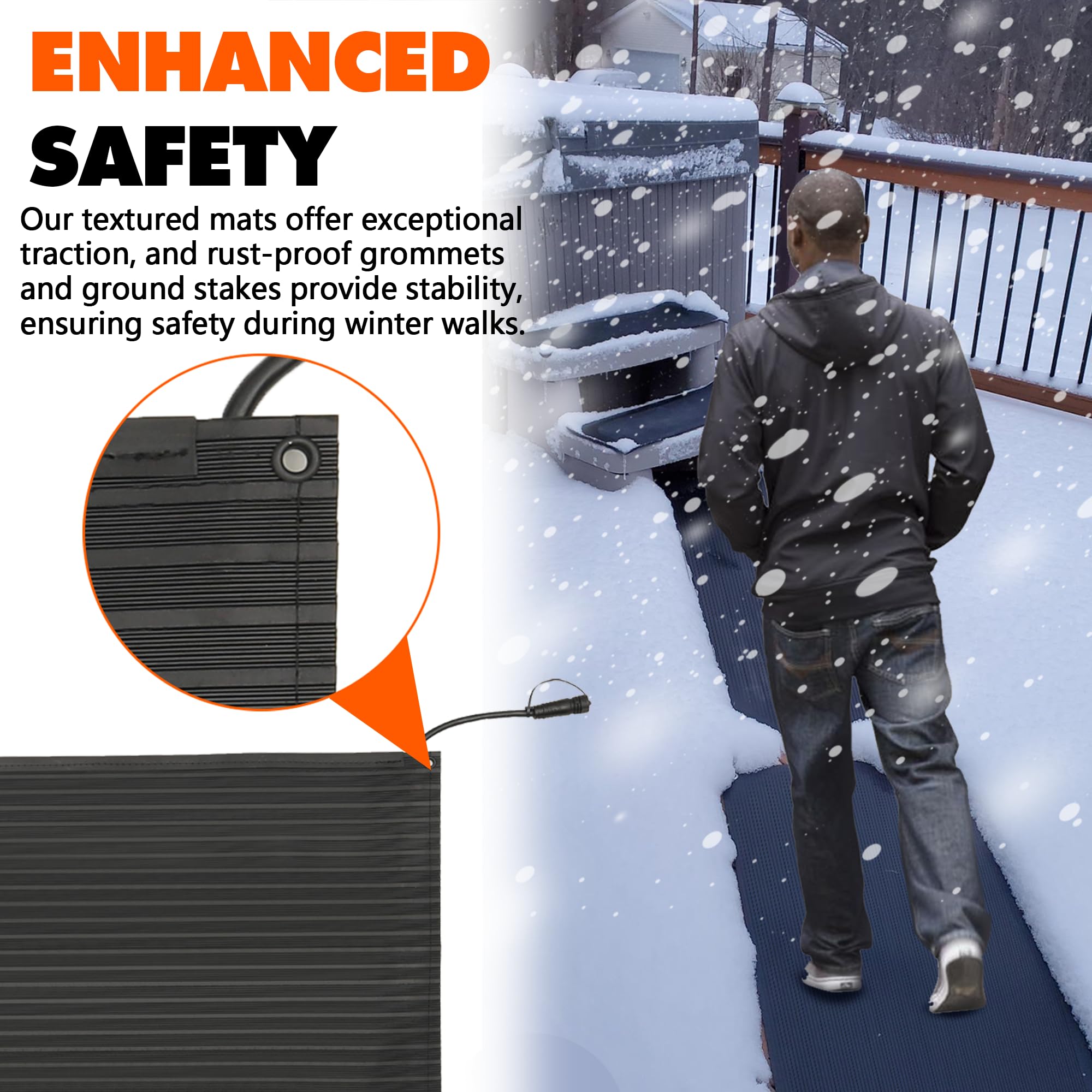 SLASHCOOL walkway mats connect to a 120V power source for flexible coverage options.
