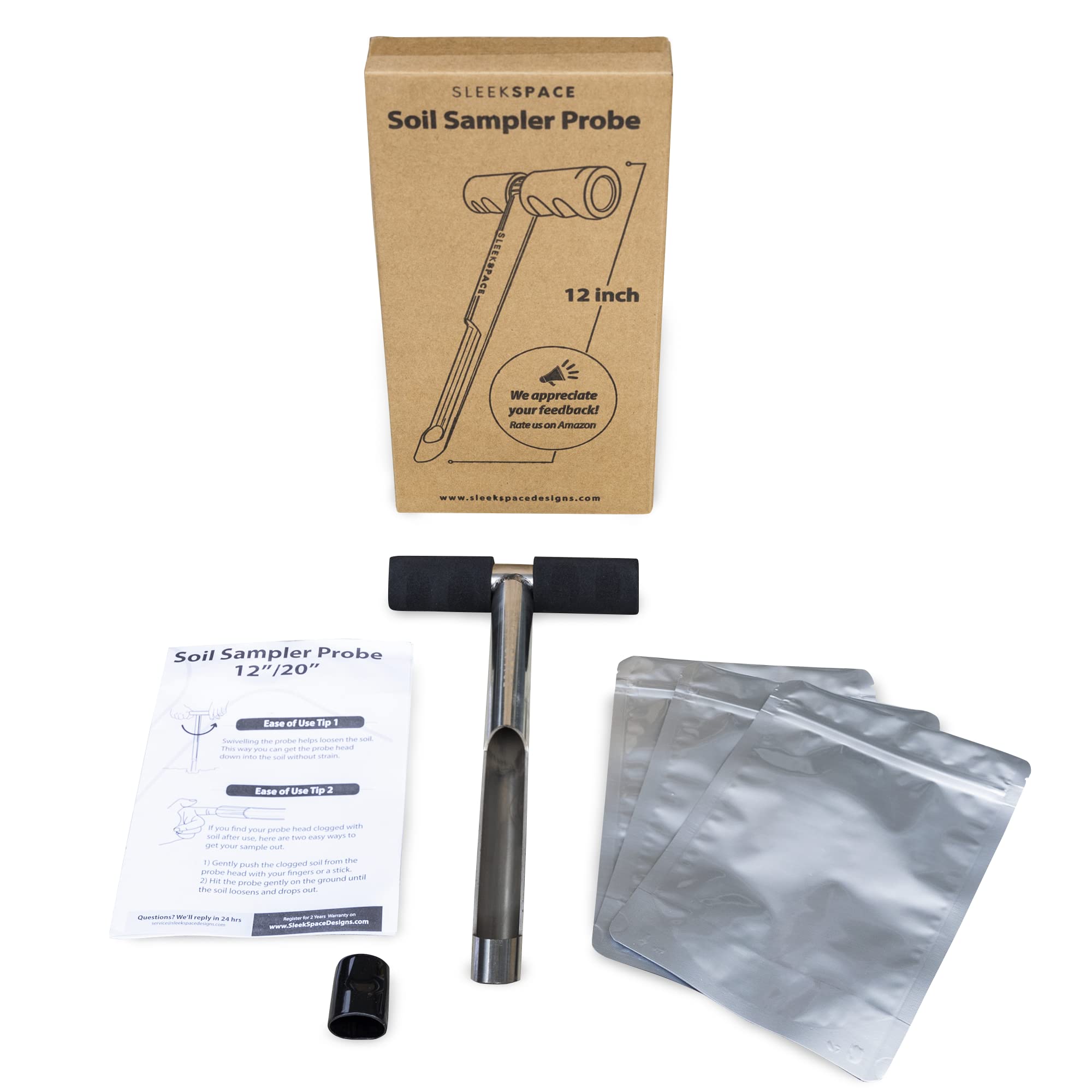 Sleek Space 12-inch soil probe shown in field-ready assembly.