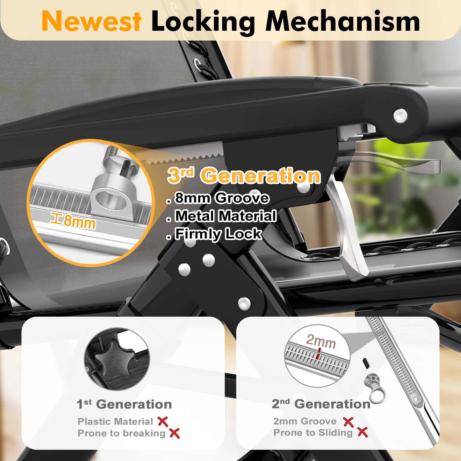 Slendor padded seat with bungee suspension provides flexible support.