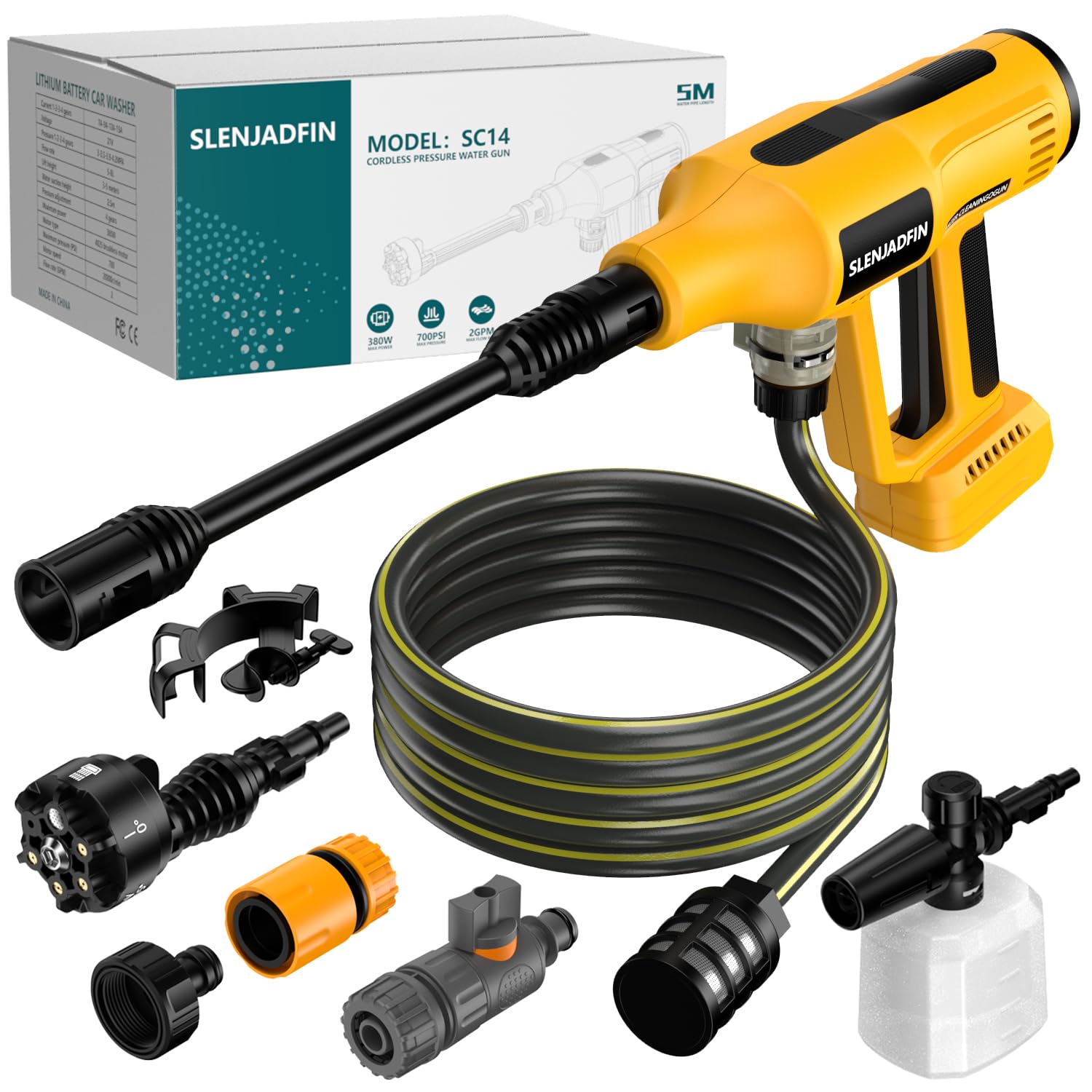 SLENJADFIN cordless pressure washer in action showing portable 700 PSI power.