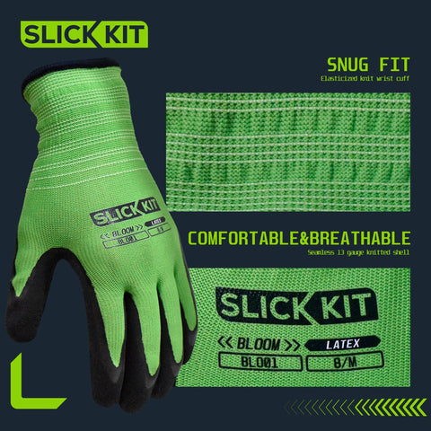 SLICK KIT latex-coated palms provide reliable grip when using tools or pulling weeds.