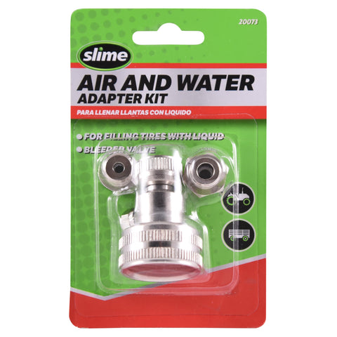 Slime Air/Water Adapter Kit attached to hose for easy tire inflation.