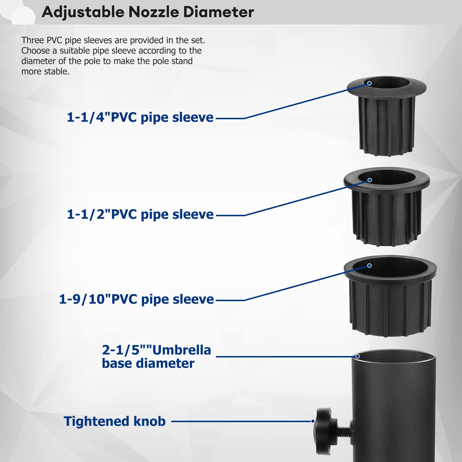 SLIIMU adjustable-sleeve diameter PVC enables a secure fit for various umbrella poles.