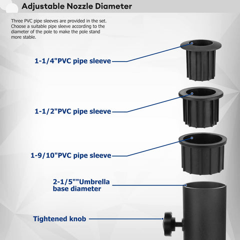 SLIIMU adjustable-sleeve diameter PVC enables a secure fit for various umbrella poles.