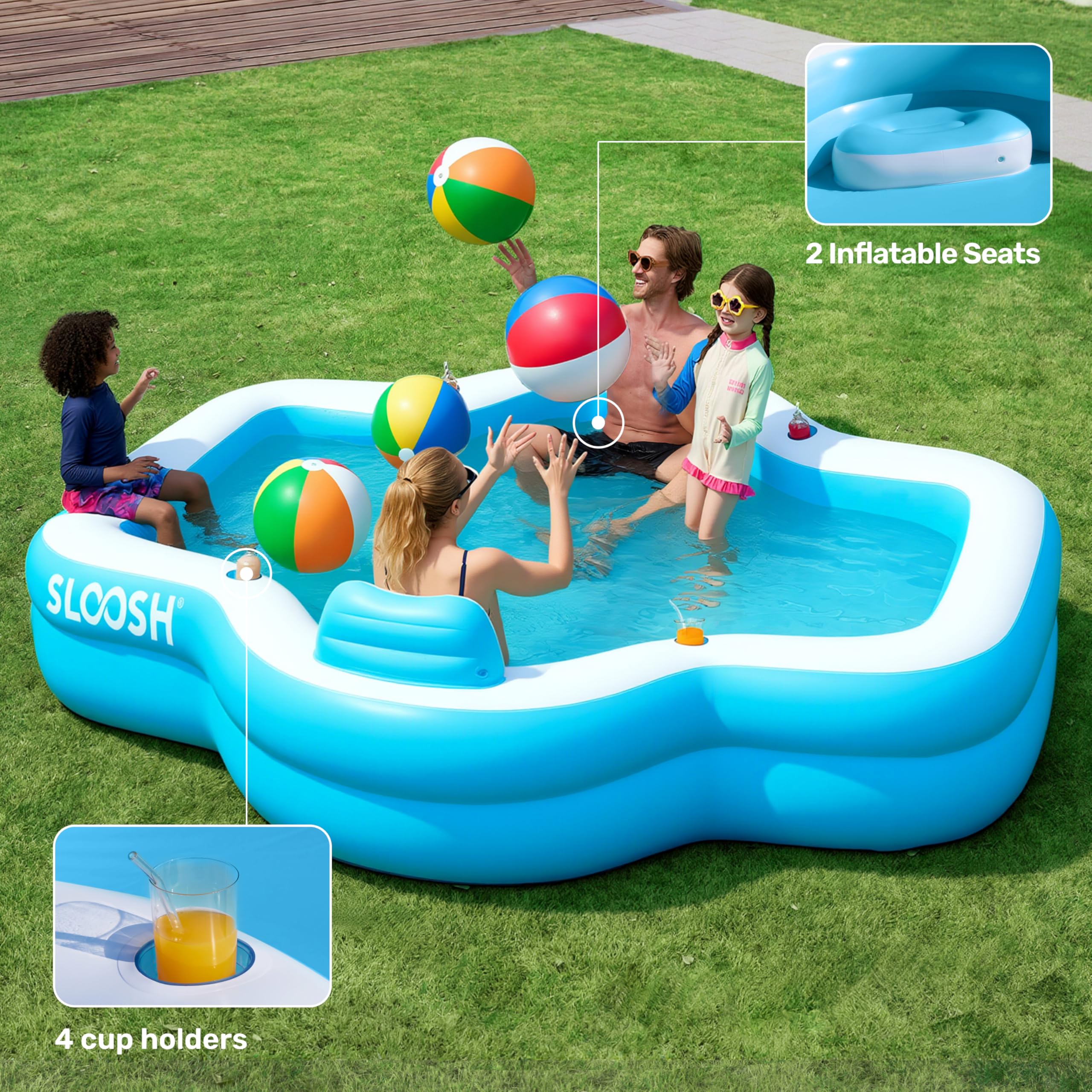 Sloosh inflatable pool fits 4 adults and 3 kids for shared fun.
