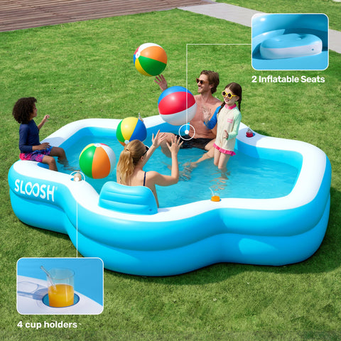 Sloosh inflatable pool fits 4 adults and 3 kids for shared fun.