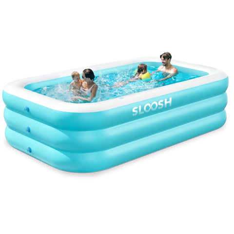 Sloosh inflatable pool with built-in seats for adults in cyan, ideal for family backyard fun.